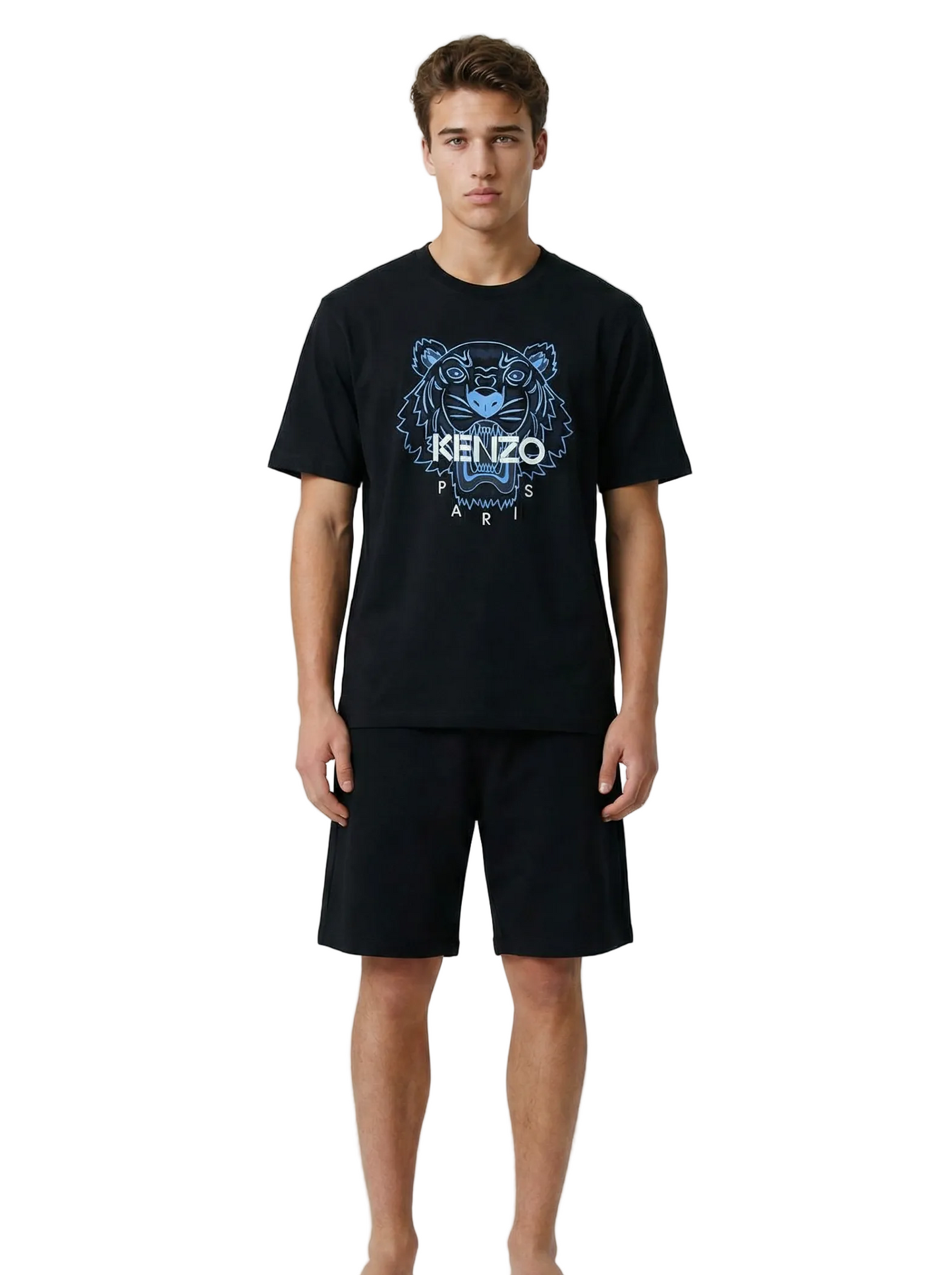 T-shirt Kenzo Tigre homme détail logo Kenzo lettrage blanc sur bleu uni