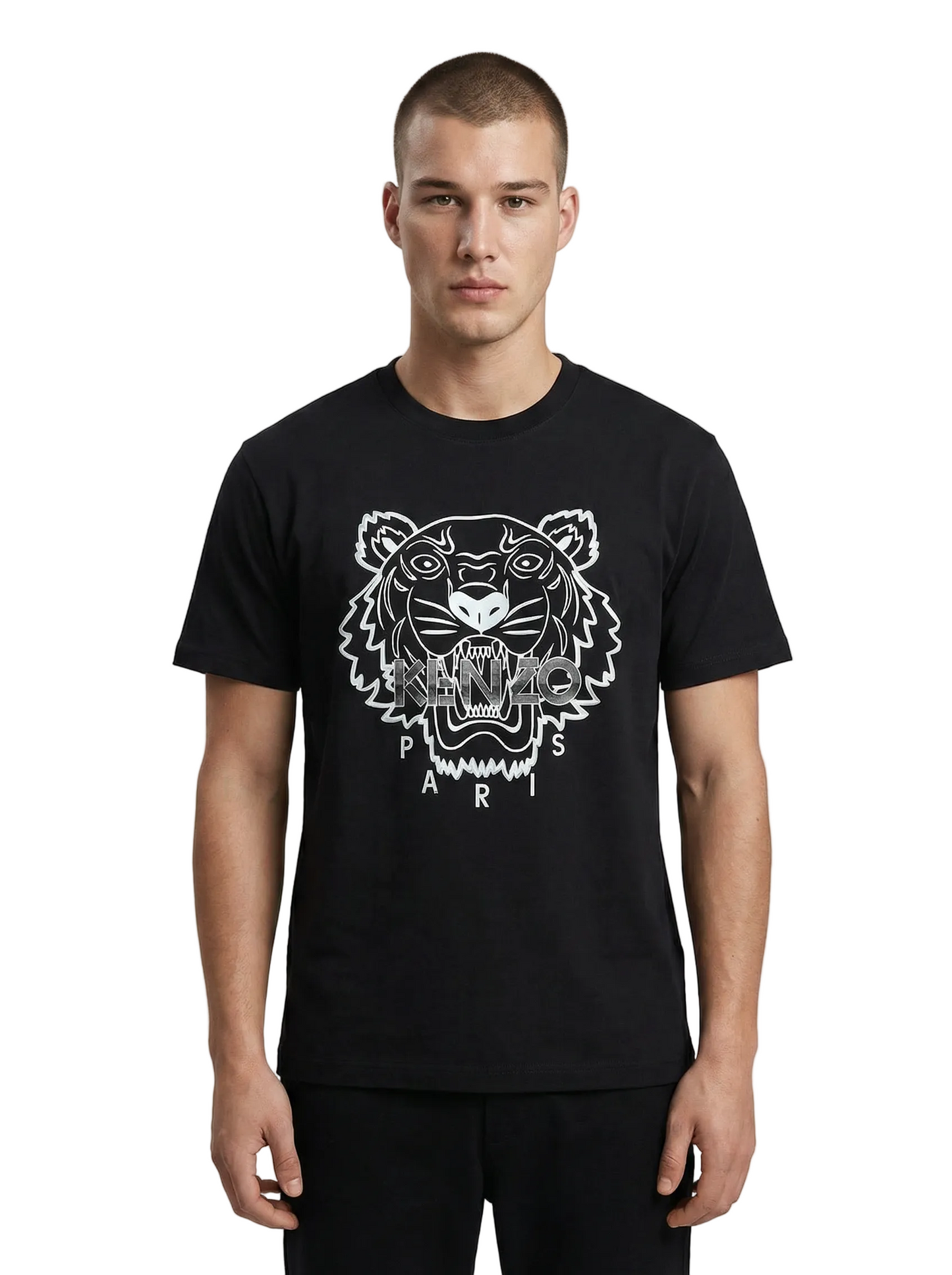 T-shirt Kenzo Tigre homme noir flocage blanc logo argenté métallisé premium