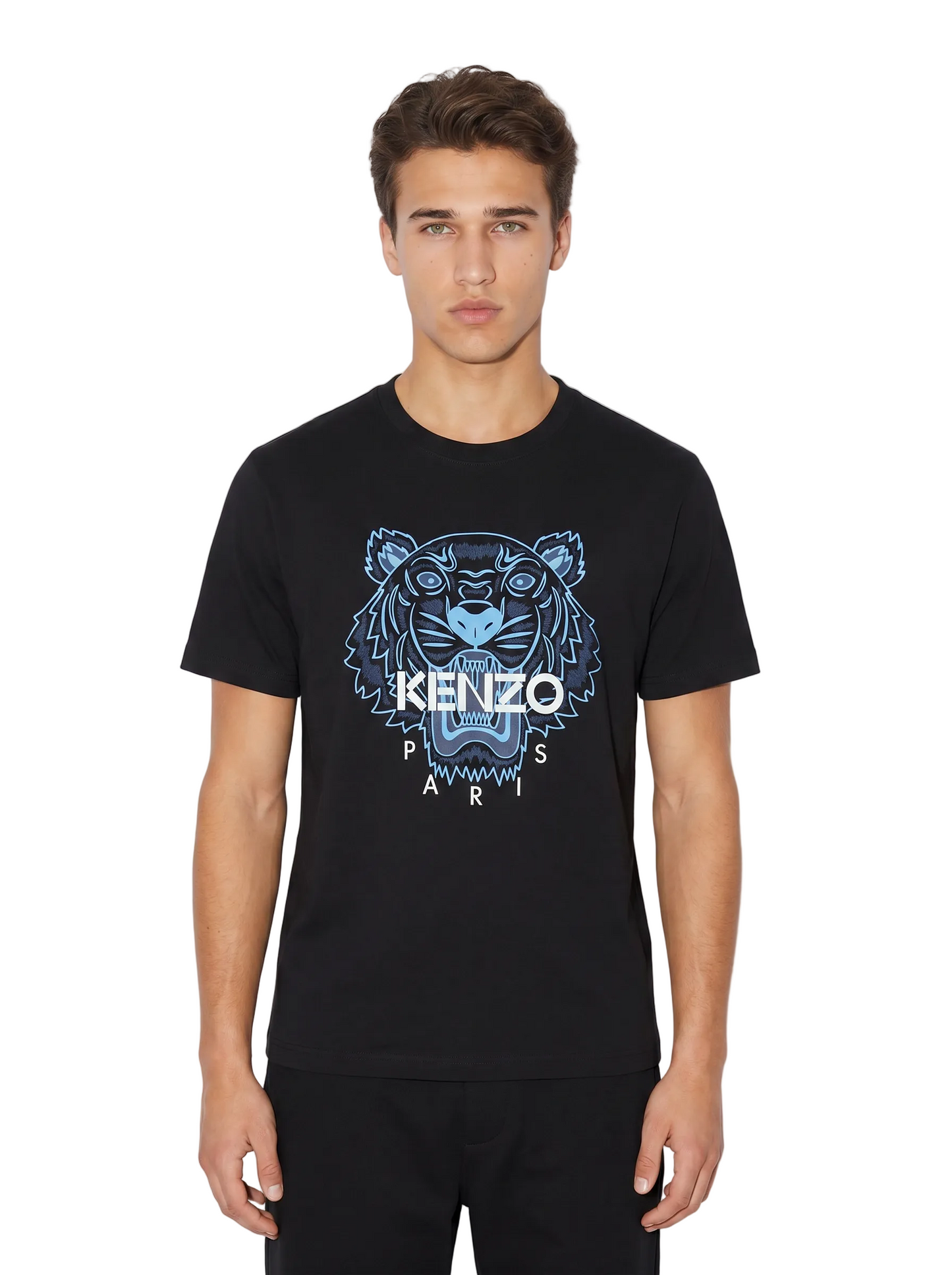 T-shirt Kenzo Tigre homme noir flocage bleu uni logo blanc minimaliste