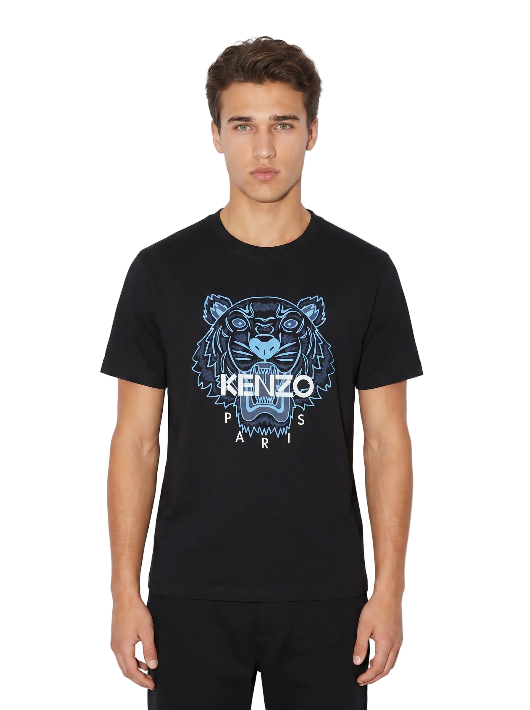 T-shirt Kenzo Tigre homme noir flocage bleu uni logo blanc minimaliste