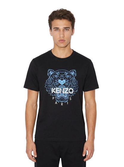 T-shirt Kenzo Tigre homme noir flocage bleu uni logo blanc minimaliste